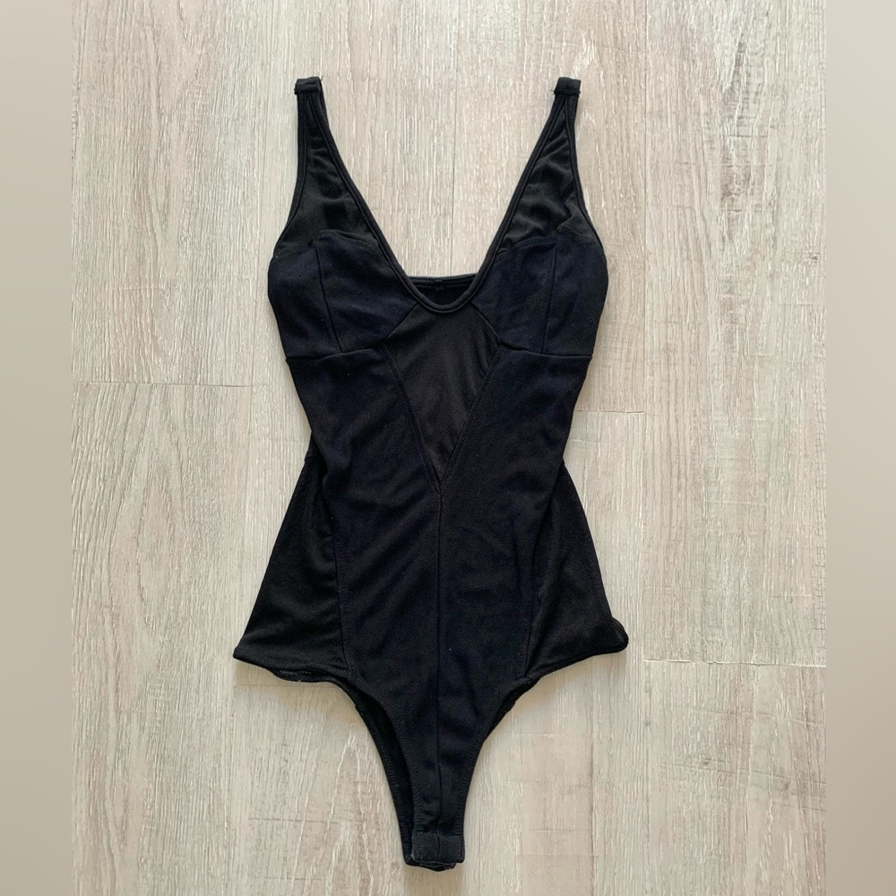 Black Mesh V-Neck Plunge Bodysuit Small